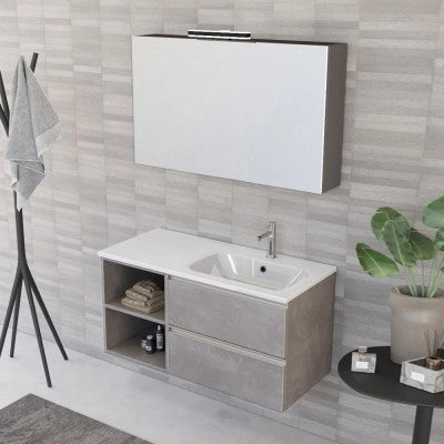 Mobile bagno sospeso 100 cm grigio cemento con cassetti e vani a giorno completo di lavabo a destra e specchio contenitore Master