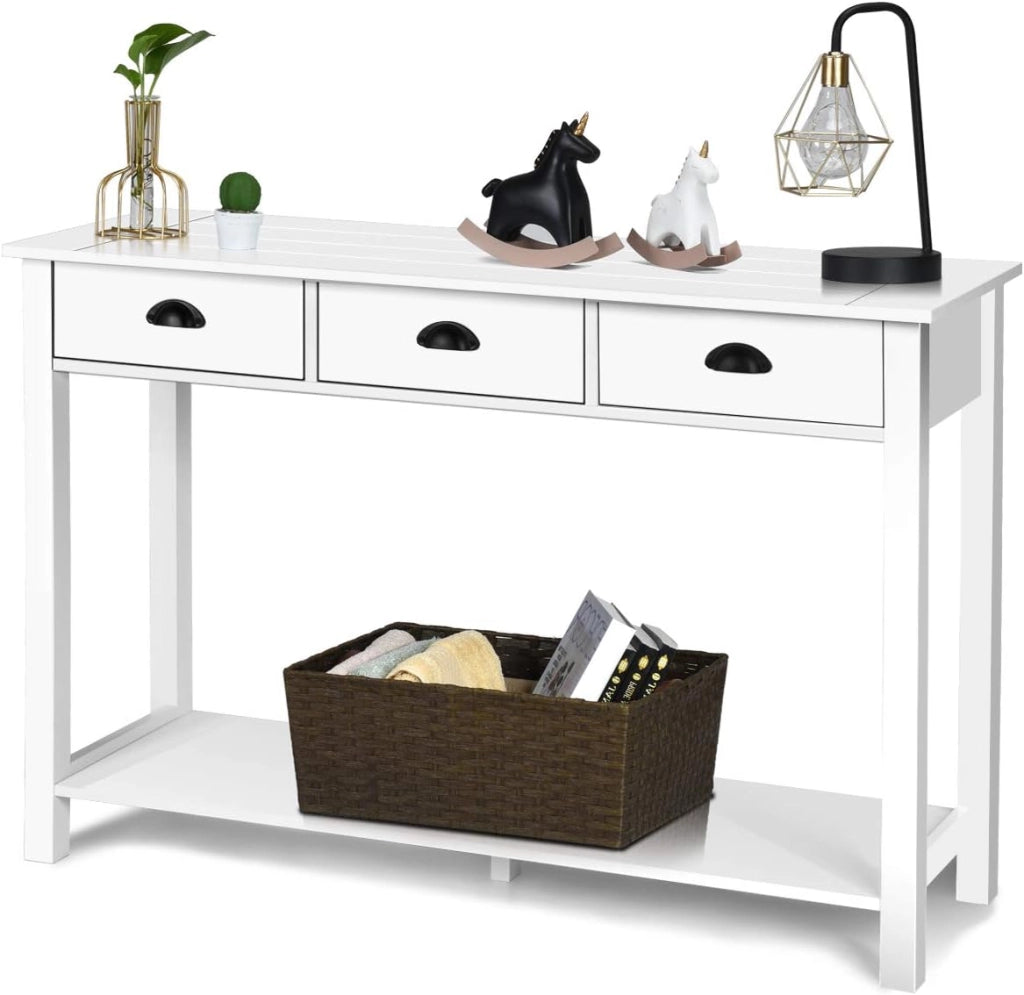 - Tavolo consolle con 3 cassetti, tavolino da salotto con mensola, rettangolare, per soggiorno, ufficio, camera da letto, corridoio, uso multifunzionale, per ingresso (bianco)