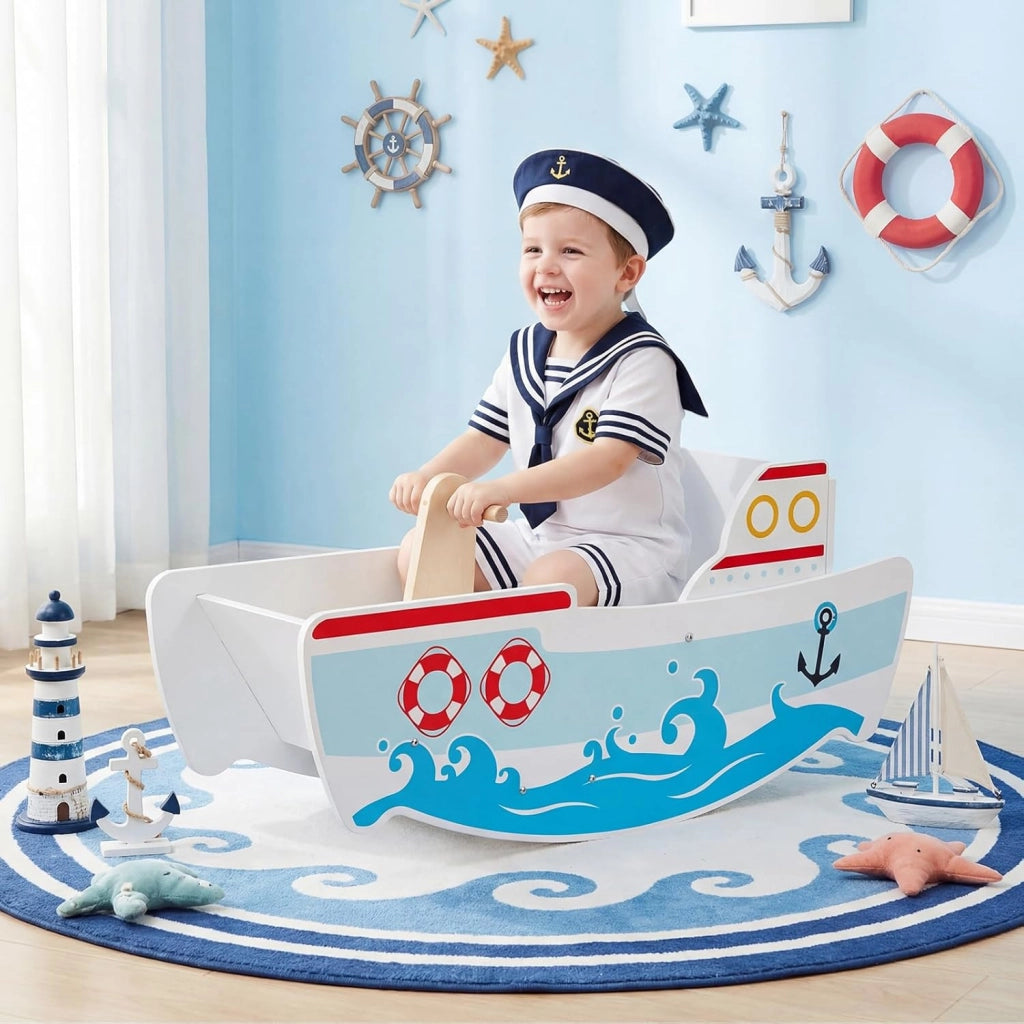 Cavallo a Dondolo per Bambini, Nave a Dondolo in Legno a Tema Nautico, Manici in Legno, Carico 50 kg, per Bambini 1-5 Anni