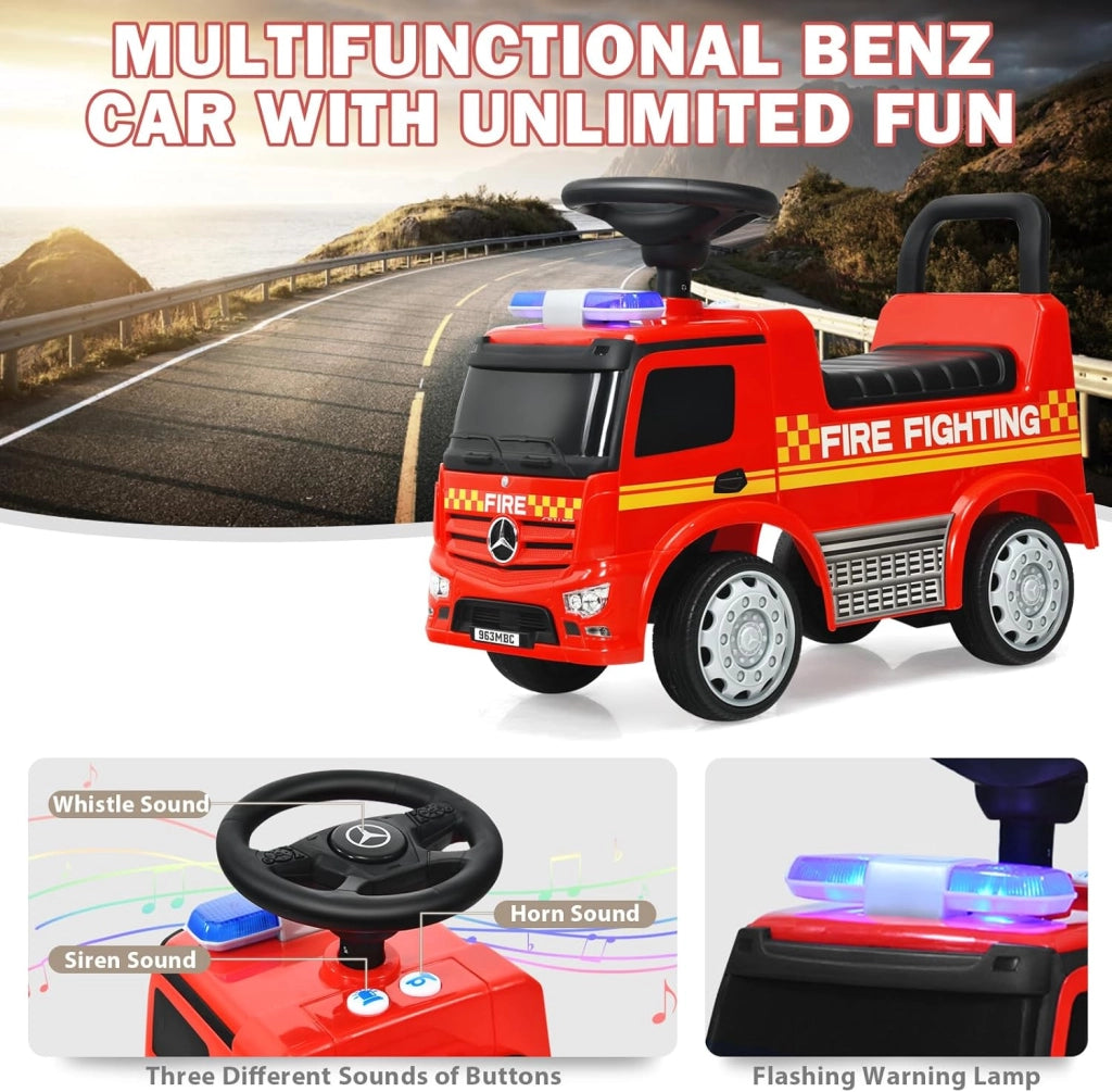 Mercedes-Benz Portatore Bambino, Camion dei Pompieri Guida Realistica con Fuoco di Gravidanza, Clacson e Musica, Spazio di archiviazione nascosto, Capacità massima 25 kg, Regalo per bambini 1-3
