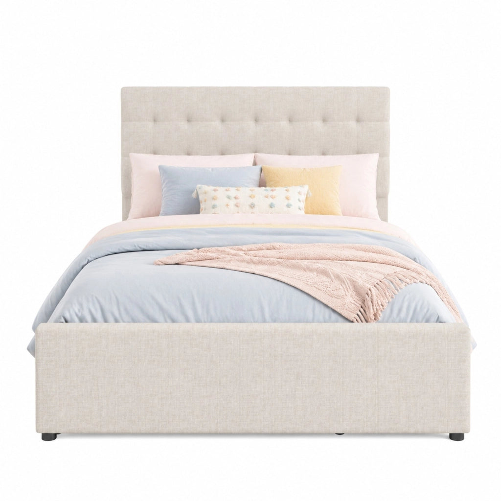 Letto imbottito beige 140x200 cm con letto estraibile e 3 cassetti