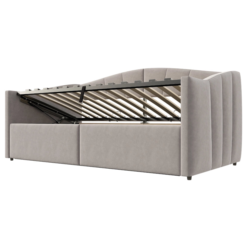 Letto divano imbottito con contenitore idraulico 90x200 cm in velluto grigio chiaro