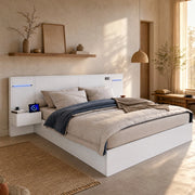 Letto matrimoniale in MDF per materasso 160x200 cm con Bluetooth; USB-A/USB-C; luce regolabile e 2 comodini; bianco