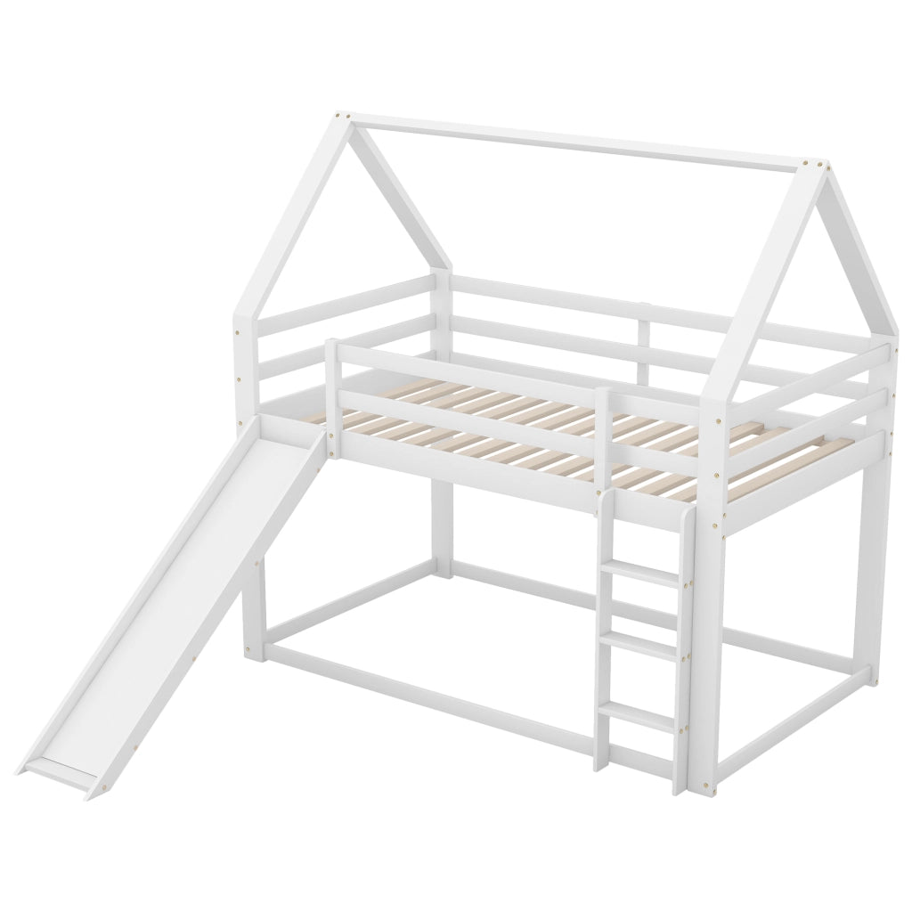 OKWISH Letto a Castello a Casetta 90×200 cm, Letto Singolo con Scivolo, Scala e Sponde, senza Materasso, in Pino, Bianco