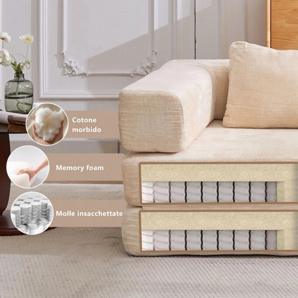 Divano compatto, divano letto pieghevole, moduli senza struttura, tessuto chenille, beige