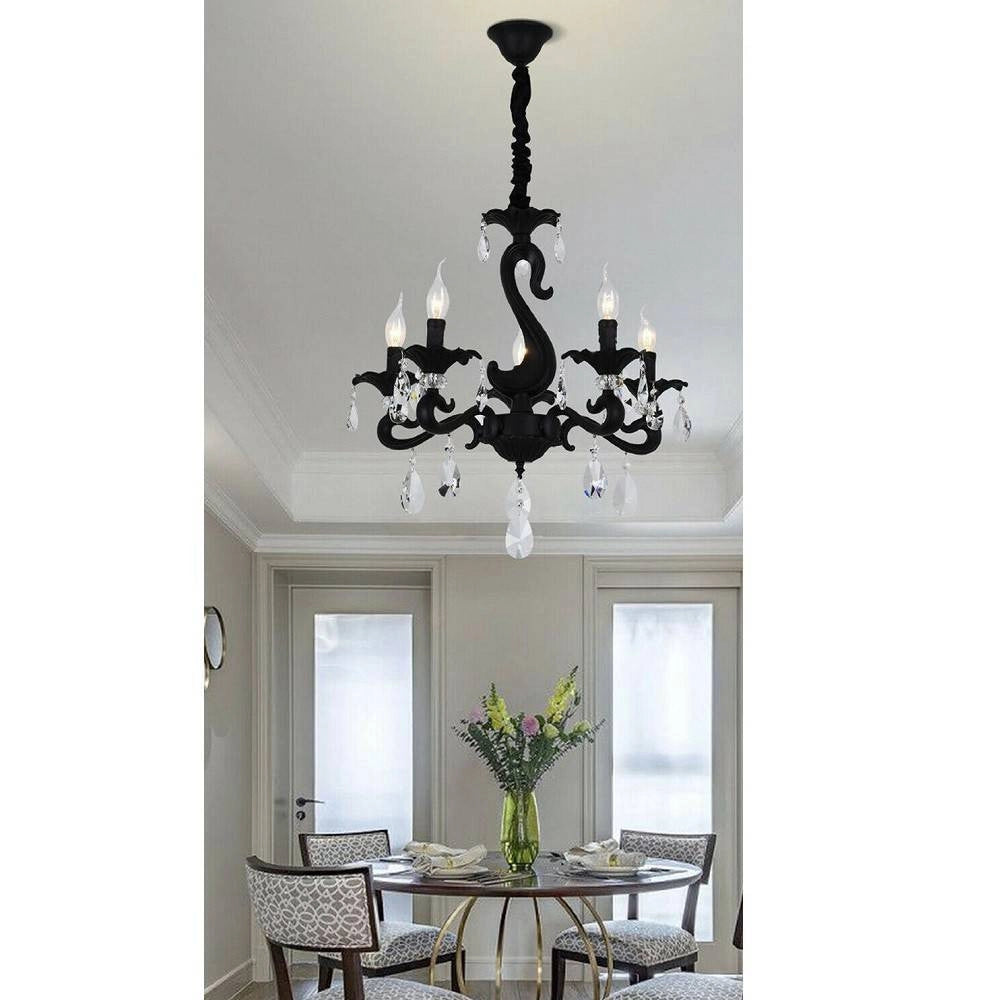 Trade Shop - Lampadario Classico Attacco E14 5 Bracci Con Pendenti In Acrilico Lampada A15-5 - Nero