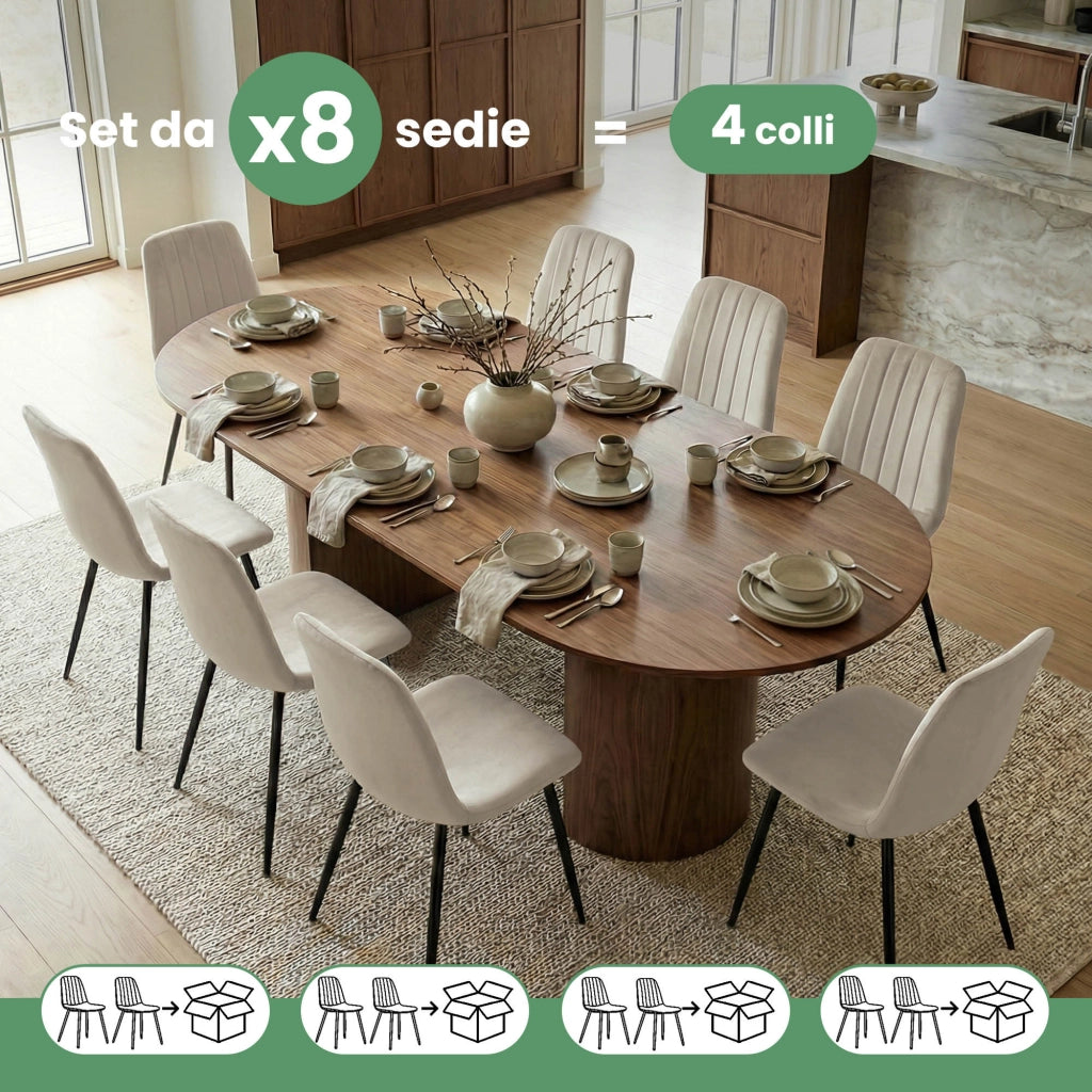 Set di 8 Sedie in velluto trapuntate LUMO Beige gambe nere