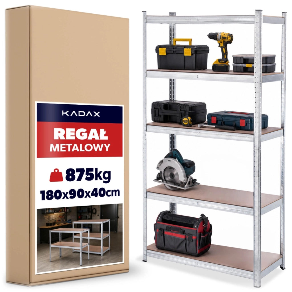 Scaffalatura metallica KADAX a 5 ripiani per garage, 180x90x40 cm, portata 875 kg, ideale per cantina.
