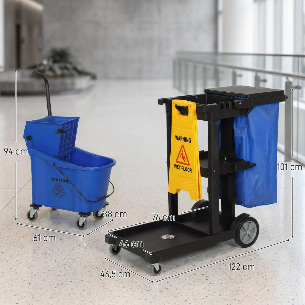 Carrello per pulizia con 3 ripiani, secchio strizzamop e sacco 70 litri ¨C zephmum ¨C Blu