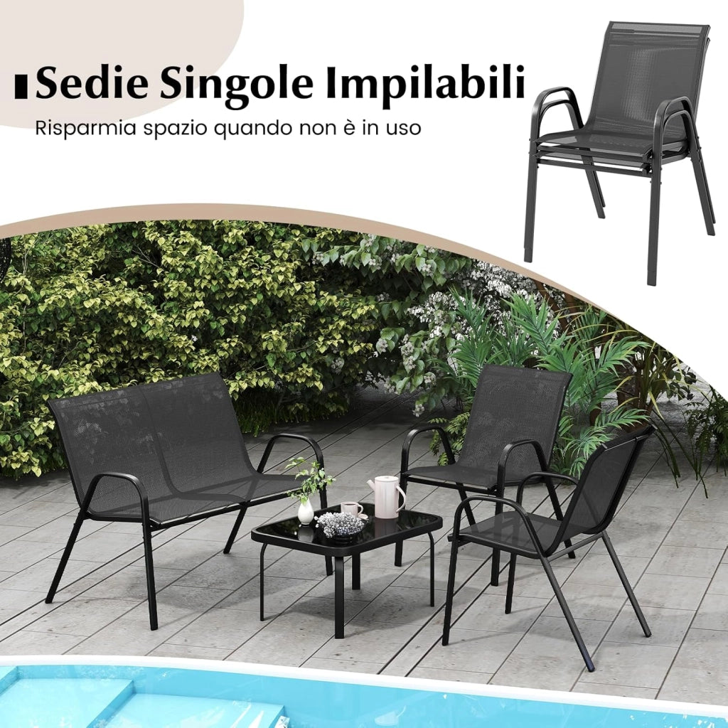 Set Tavolo e Poltrona da Giardino, Set di Mobili 4 Pezzi per Esterno, con Tavolino in Vetro Temperato, Panca e 2 Poltrone, per Giardino Balcone Piscina (Grigio)