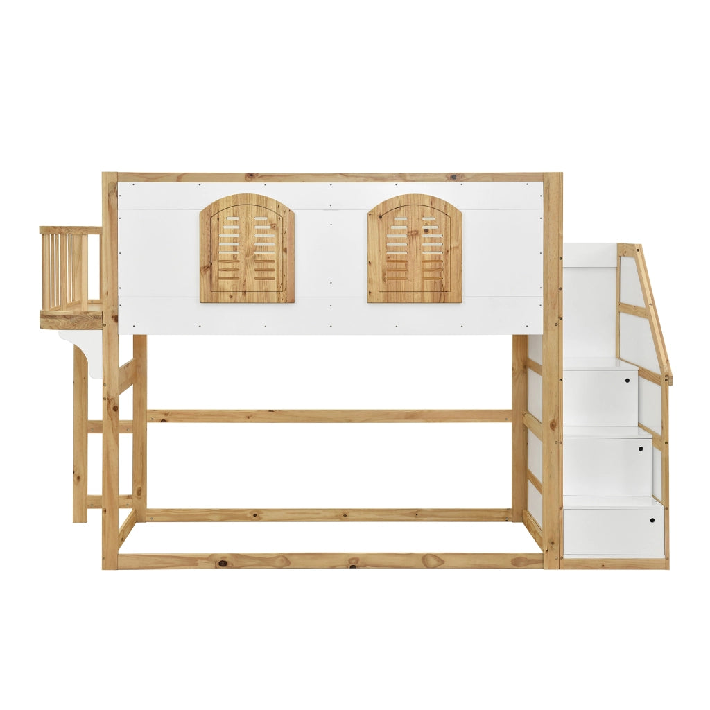 Letto a soppalco 90x200 cm, letto per bambini, con contenitore, design a finestra, pino + MDF, bianco + color legno naturale
