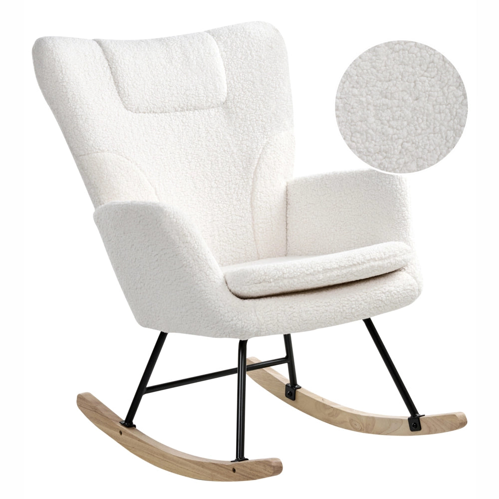 Sedia a dondolo Tessuto bouclé bianco Rivestimento in legno Gambe Pattini Nursery Soggiorno Cottage Scandinavo