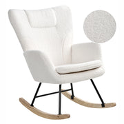 Sedia a dondolo Tessuto bouclé bianco Rivestimento in legno Gambe Pattini Nursery Soggiorno Cottage Scandinavo