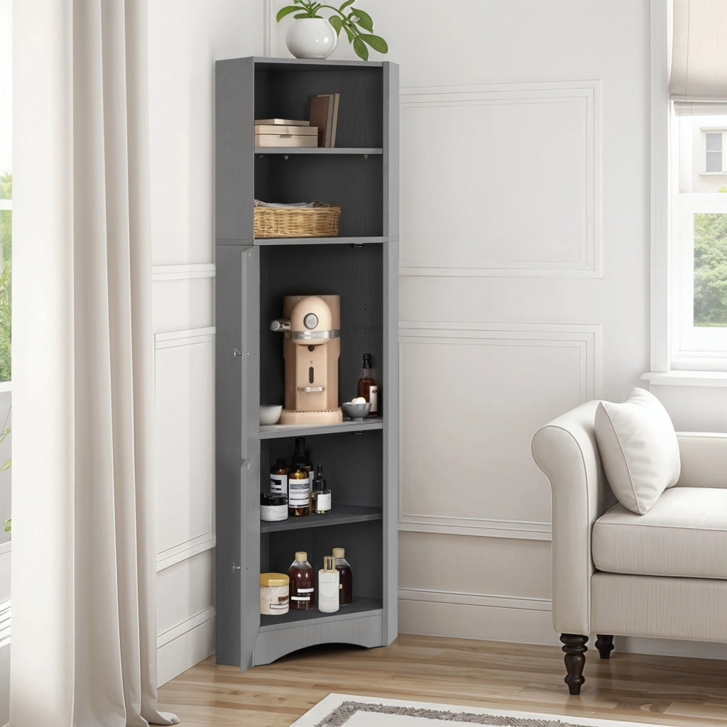 Armadietto da bagno angolare con ripiano regolabile e vani aperti, per bagno, in truciolare, grigio, 36.5 × 36.5 × 155 cm