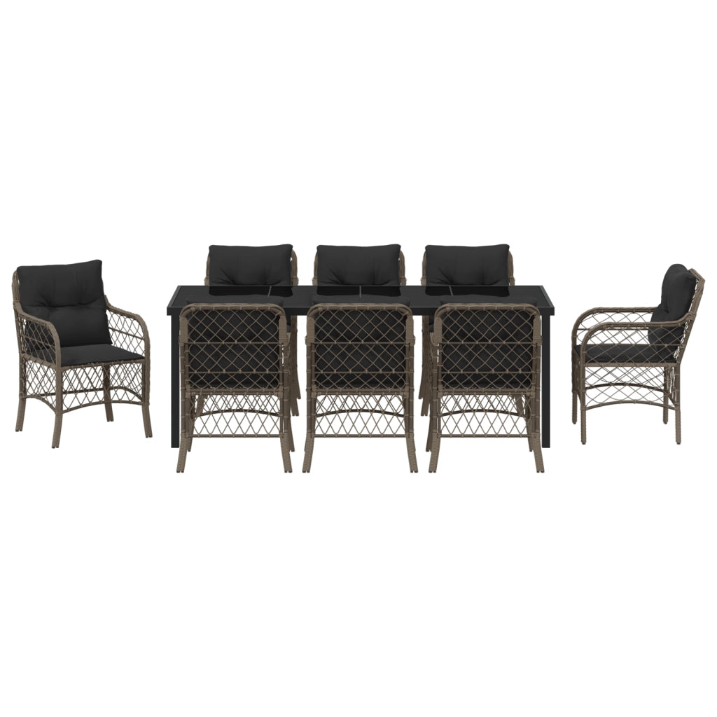 Set di 9 Pezzi per Pranzo da Giardino con Cuscini Grigio Polyrattan