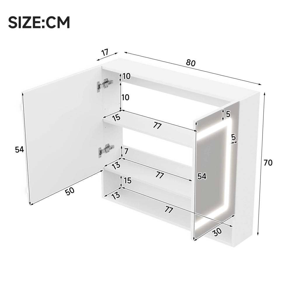 Mobile con specchio con 2 ante; 3 vani; LED e funzione antiappannamento per bagno; in MDF e vetro; bianco; 80×17×70 cm