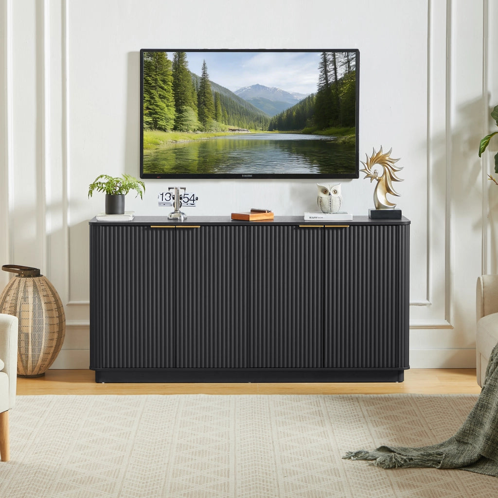Credenza con 4 ante e 4 vani; ripiani; per soggiorno; in MDF; 160×40×80 cm; nero