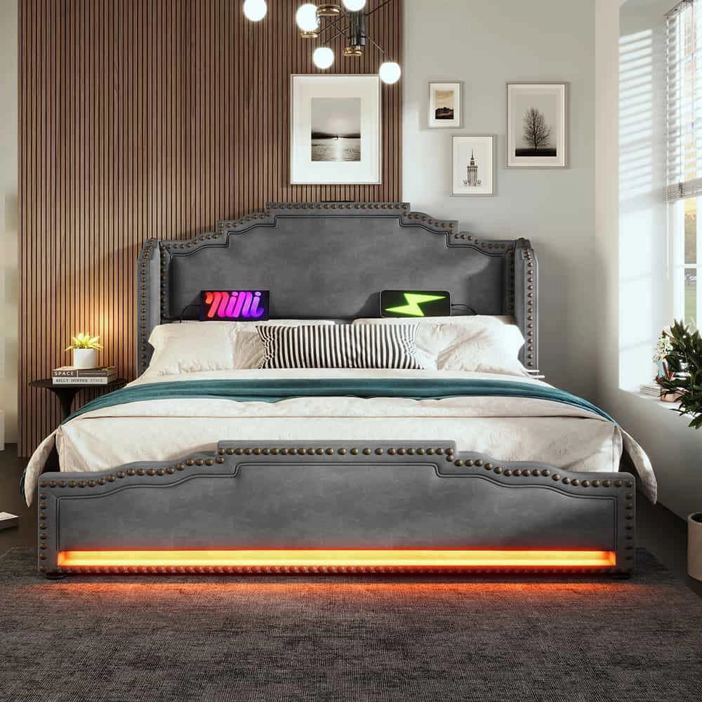 Letto matrimoniale-Xylo-160x200 cm-4 cassetti, LED, USB-C, velluto grigio, senza materasso