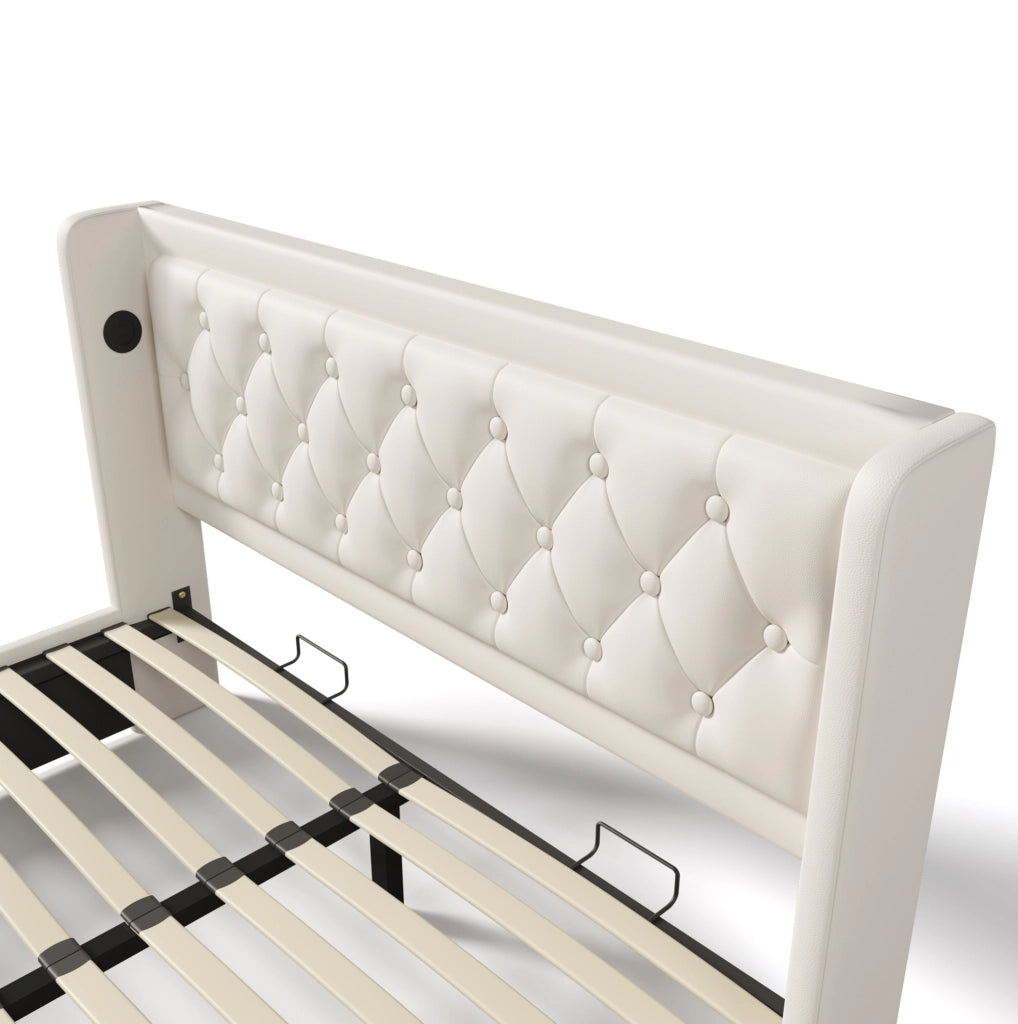 Letto matrimoniale contenitore 180x200 cm in PU bianco con testiera imbottita; USB Type-C e LED