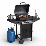 Barbecue a Gas 2 Fuochi con Fornello Laterale, Coperchio e Griglia 37x48 cm, Accensione Piezo, Ruote e Mensola con Ganci