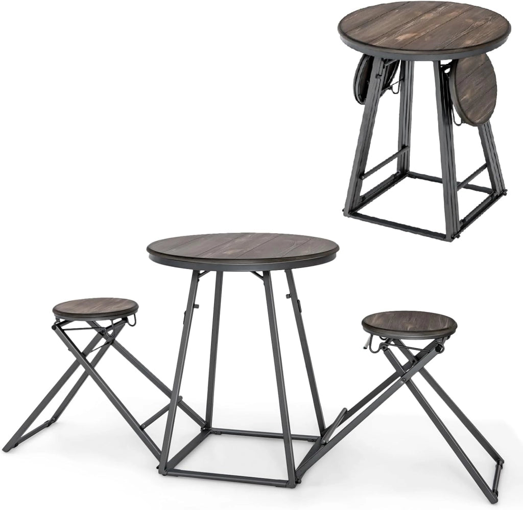 Set da 3 pezzi, Tavolo da Bar, Tavolo da Pranzo, Sgabelli Pieghevoli, Stile Industriale, Struttura Metallica,Mobili Bar, Salvaspazio