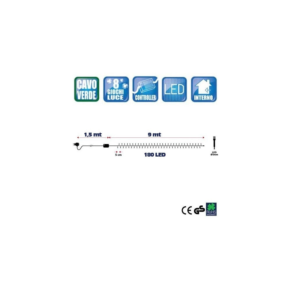 Trade Shop - Catena Luminosa 180 Luci Led Lucciole Blu Con Controller 8 Funzioni Interno -