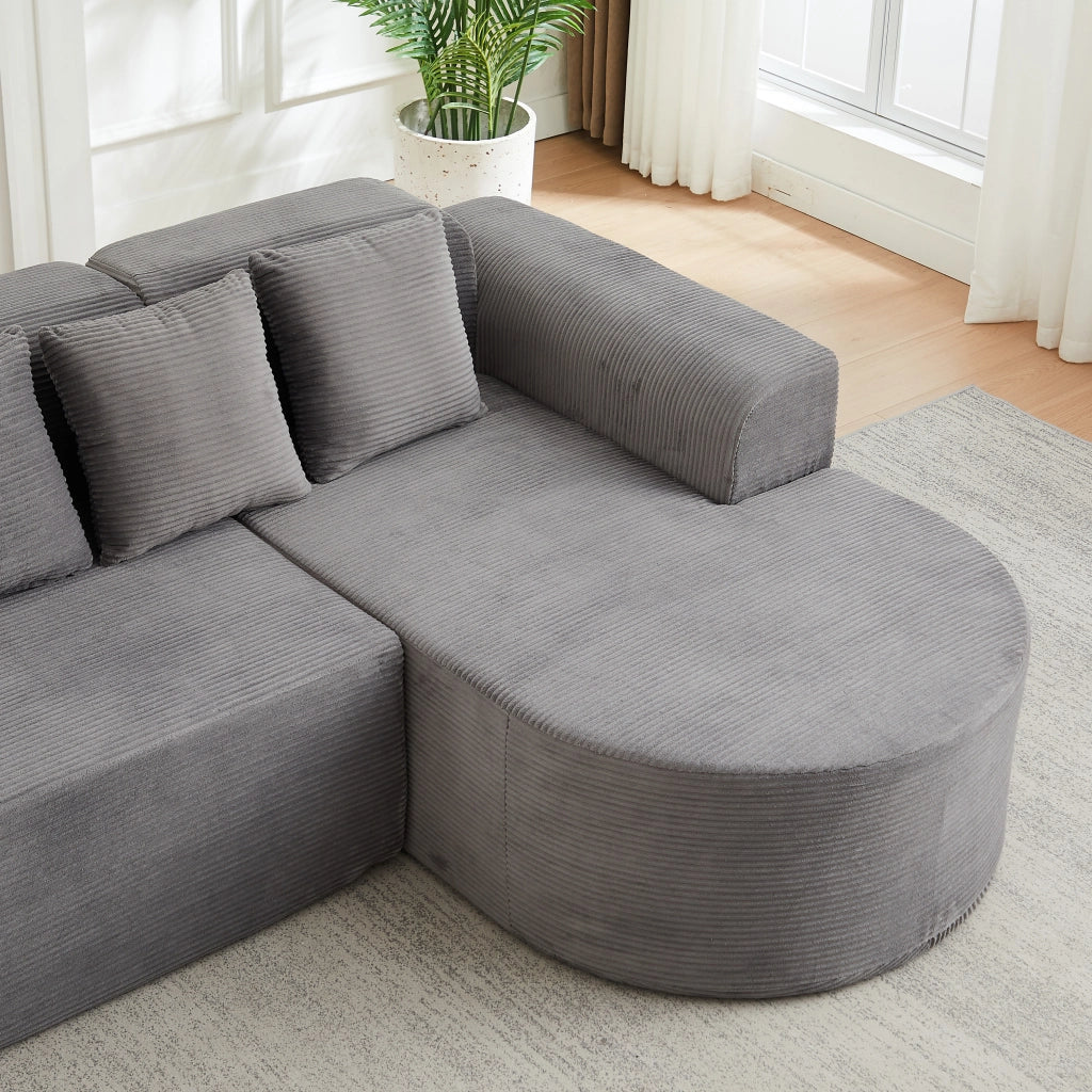 Divano angolare con chaise longue curva e 3 cuscini in velluto a coste grigio 220×155×70 cm