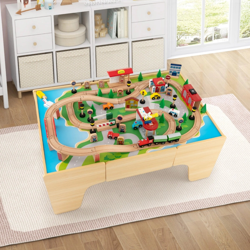 Set di trenini in legno con tavolo reversibile e staccabile cassetto capiente-Tavolo da gioco per bambini 84 Pezzi