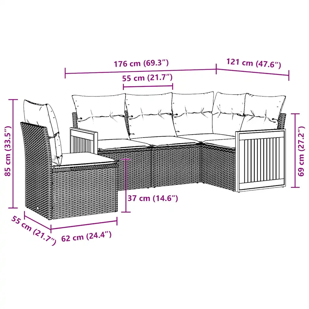 Set Divani da Giardino 5 pz con Cuscini in Polyrattan Nero