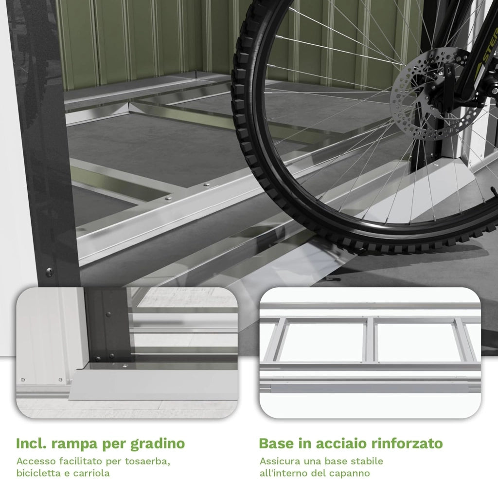 Capanno per attrezzi Devoko in metallo 183x109x182 cm con basamento, capanno da 3,6 m³ con tetto a una falda e porta scorrevole, capanno da giardino per biciclette, terrazza, prato, antracite