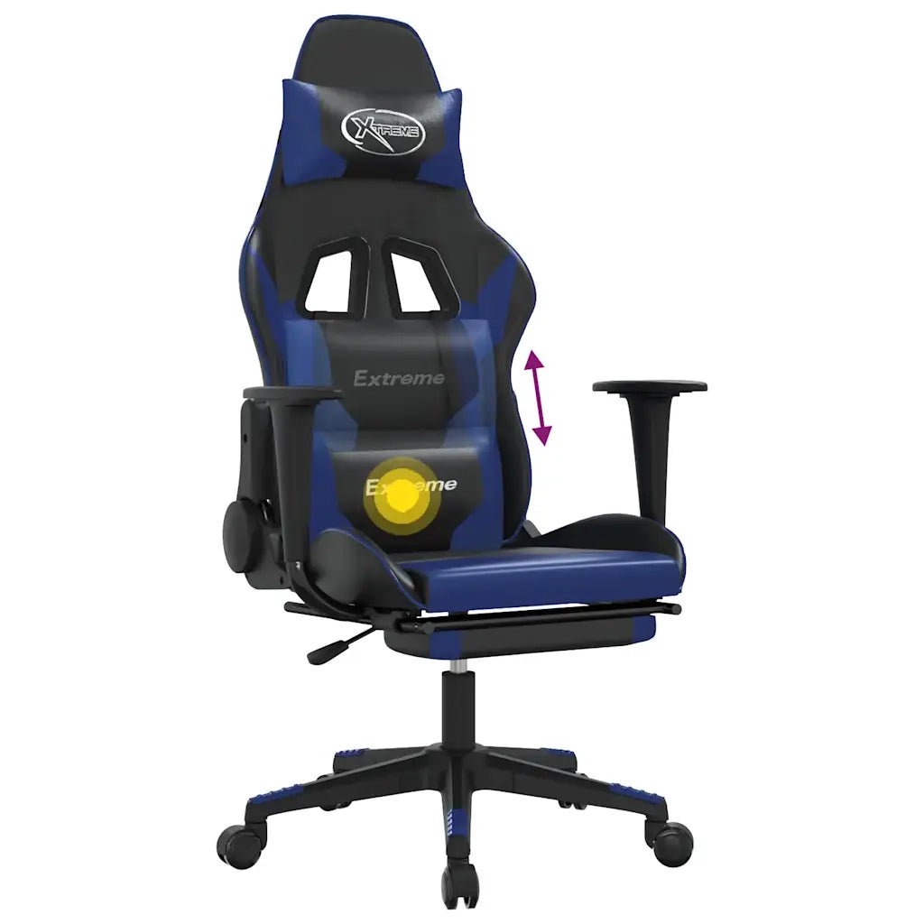 Sedia da Gaming | Sedia da e-sports Massaggiante Poggiapiedi Nero e Blu Similpelle