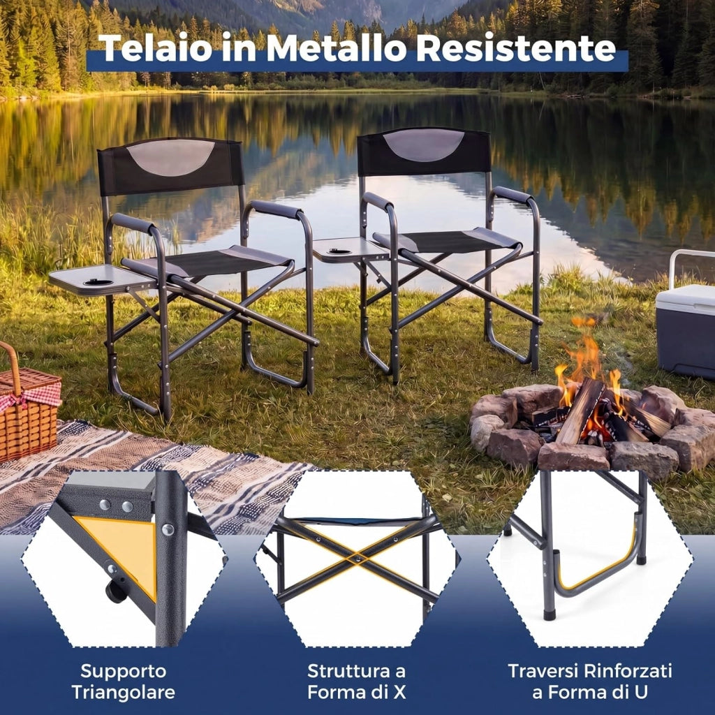 Sedia da Regista Imbottita con Tavolino, Ampio Sedile, Braccioli e Schienale, Sedia da Campeggio Pieghevole con Telaio Metallico per Eventi Sportivi e Pesca, Portata 180 kg (Nero)