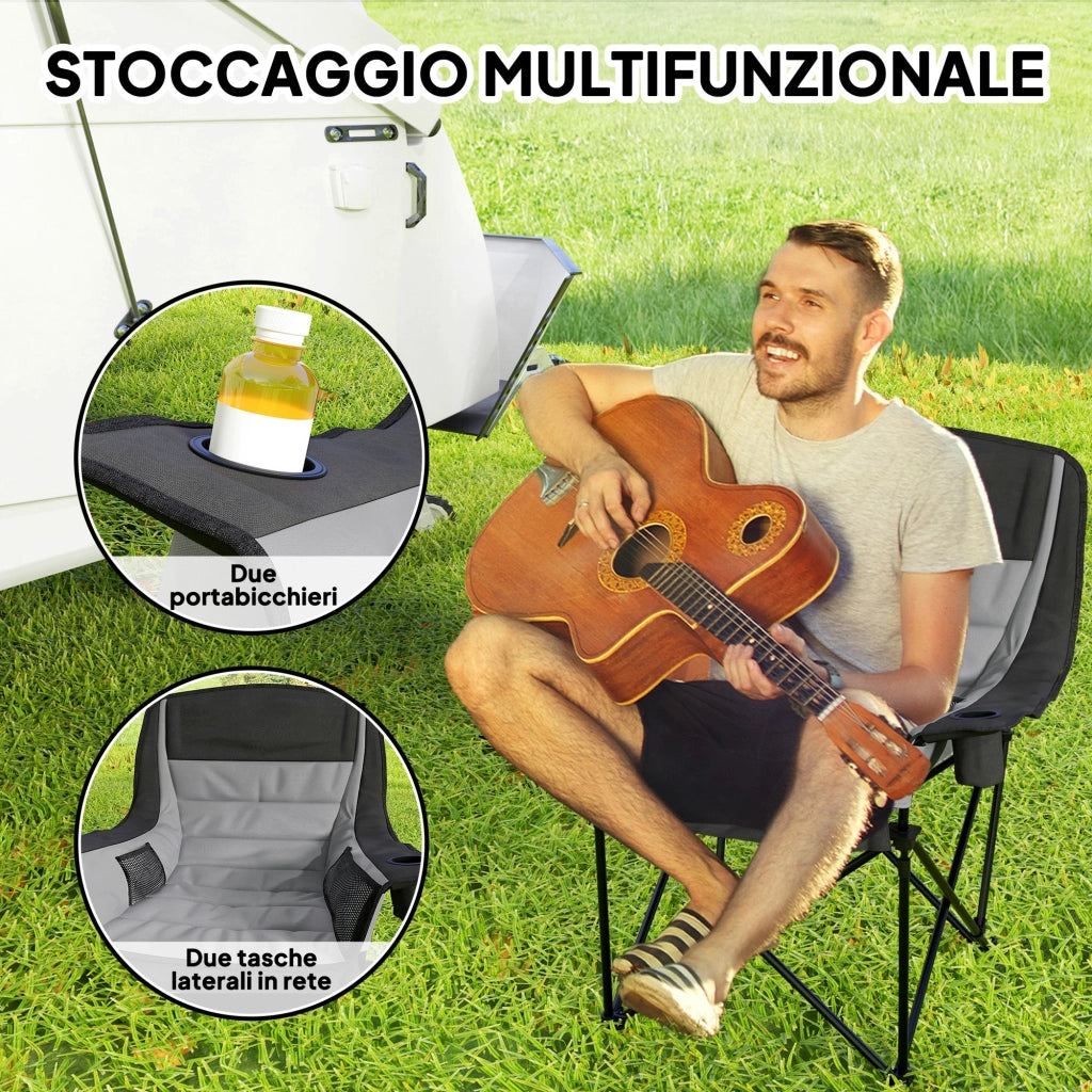 Sedia da Campeggio Pieghevole 99x71x103 cm con 2 Portabicchieri e Tasche Laterali Grigio e Nero