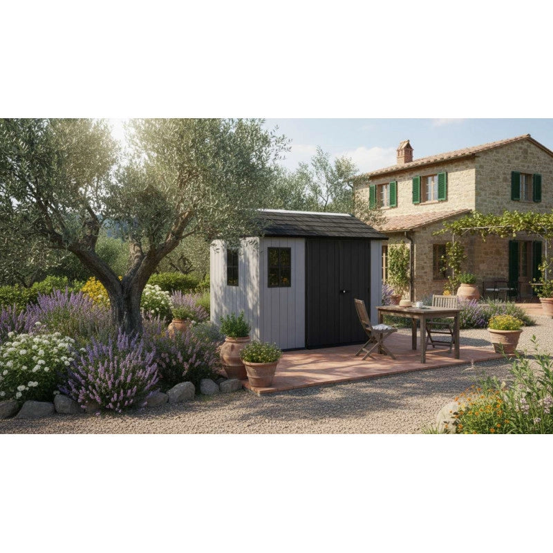 Casetta da giardino in resina EVOTECH+ 287x230 cm - con pavimento e doppia porta - carico neve 150 kg/m² – Newton Plus 759/975 - Grigio - Keter