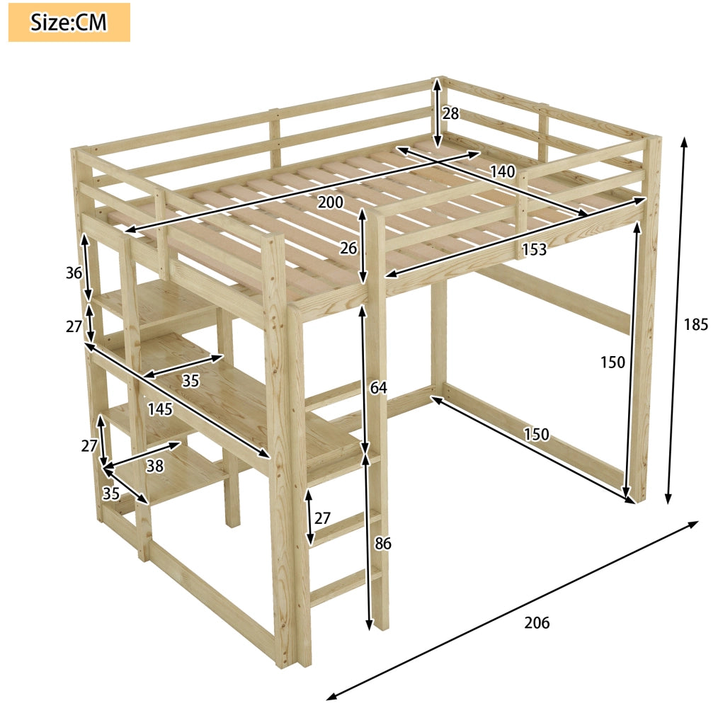 Letto a soppalco 140x200 cm con scrivania e 4 ripiani