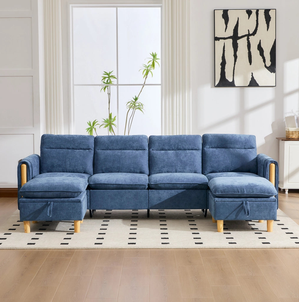 Divano modulare a U 4 posti in ciniglia blu con 2 pouf contenitore HOMVRA