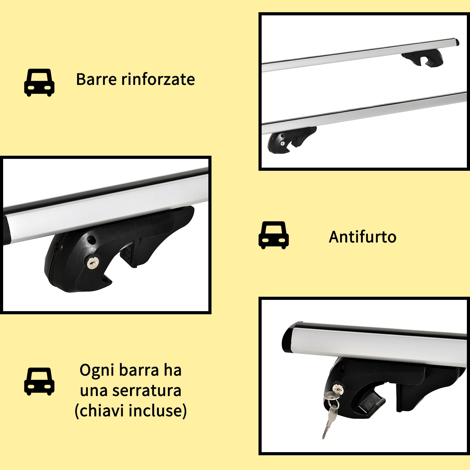Barre Portatutto per Auto 135,3x5,7x7 cm Portata da 75 kg con Blocco e Chiavi di Sicurezza in Alluminio e ABS Argento