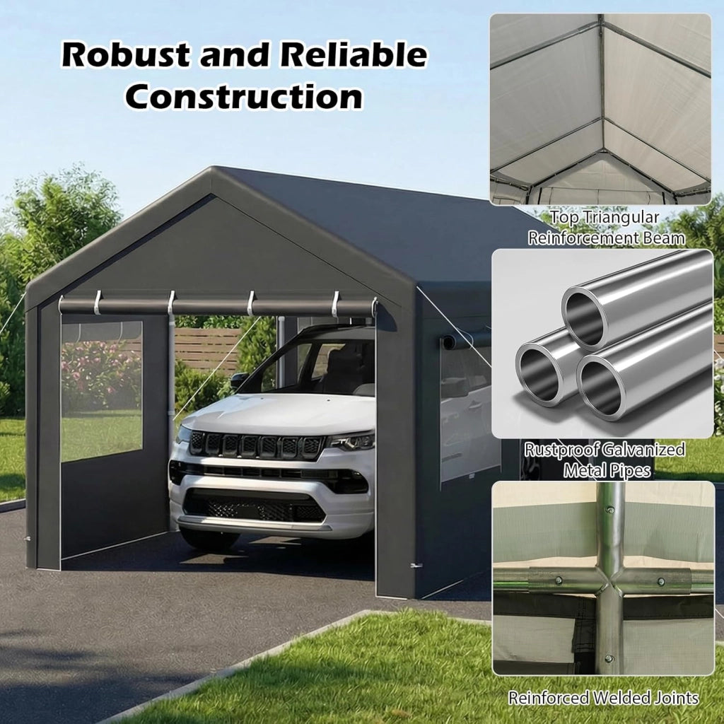 Tenda Garage Auto Esterno, Tettoia per Auto con Telaio in Metallo, Copertura in PE Resistente alle Intemperie, Capanno Giardino per Vehicolo, Bici, Moto, Attrezzi (Grigio, 305 x 586 x 280 cm)