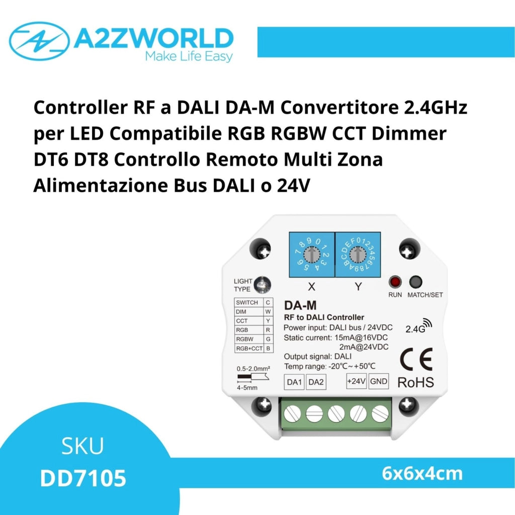 Controller RF a DALI DA-M Convertitore 2.4GHz per LED Compatibile RGB RGBW CCT Dimmer DT6 DT8 Controllo Remoto Multi Zona Alimentazione Bus DALI o 24V