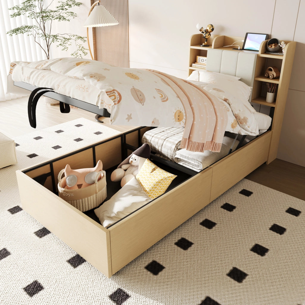 Letto singolo 90x200 cm con sollevamento idraulico; testiera con vani portaoggetti e prese USB Type-C; effetto legno naturale