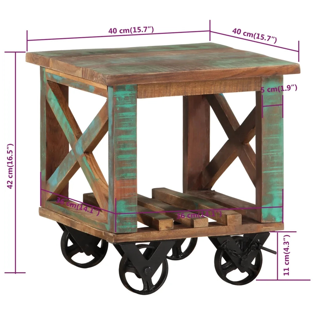Tavolino | Tavolo laterale con Ruote 40x40x42 cm in Legno Massello di Recupero