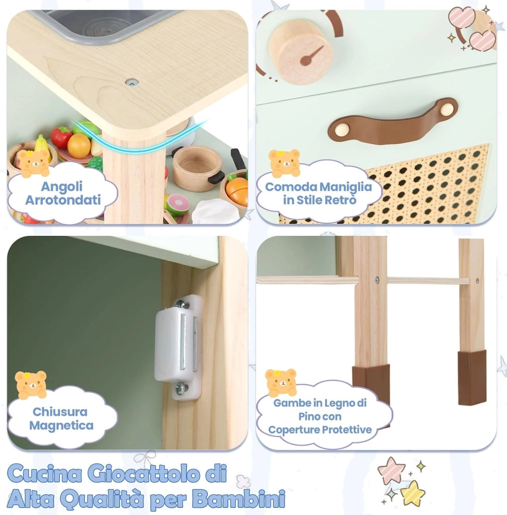 Cucina Giocattolo Bifacciale per Bambini, Cucina Educativa in Legno con Porte in Rattan, Lavagna sul Retro, Luci e Suoni, Accessori Completi, Gioco di Imitazione 3+ Anni, 60 x 29 x 95 cm