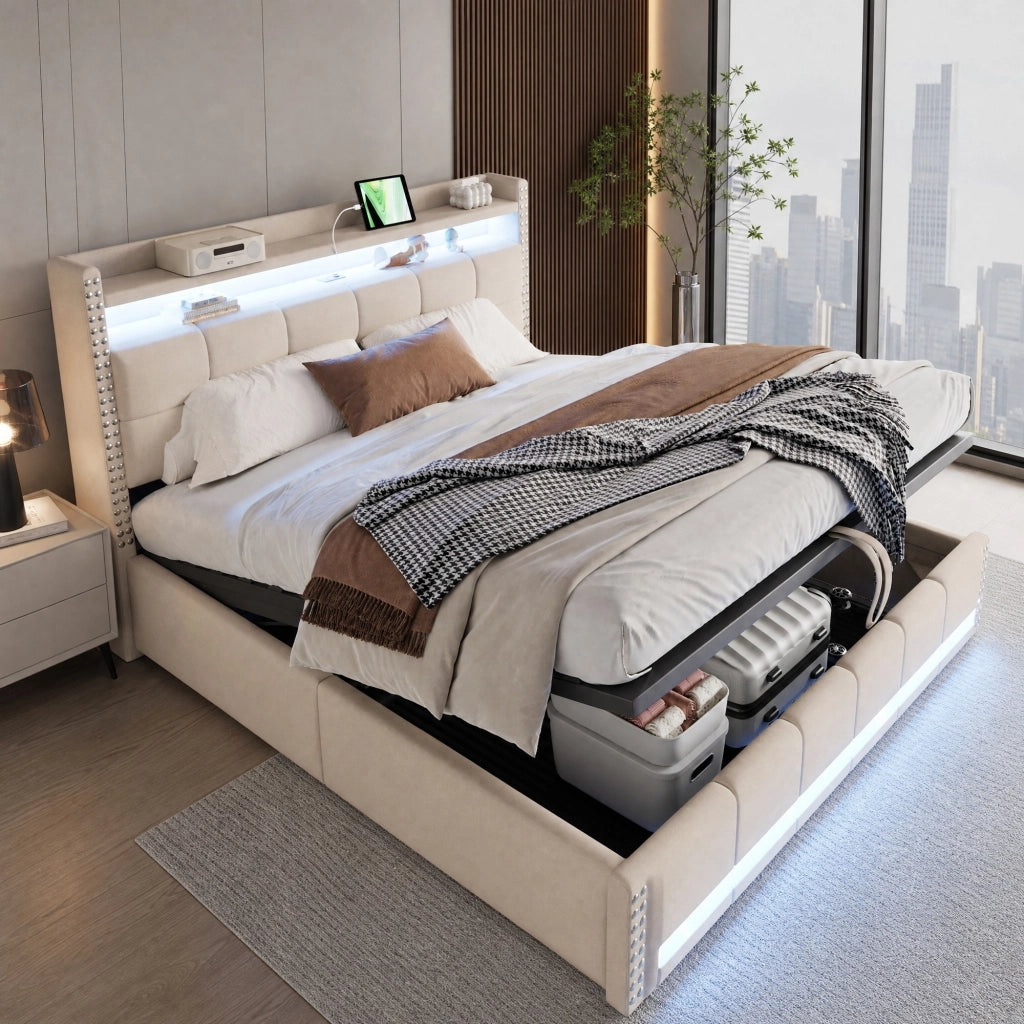 Letto imbottito matrimoniale 180x200 cm con LED, USB, contenitore idraulico e testiera con ripiani