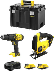 STANLEY FatMax Kit SVK204 (Trapano a Percussione SFMCD711 + Seghetto Alternativo SFMCS600 + 2 Batterie 2,0 Ah + Caricabatteria + TSTAK VI)