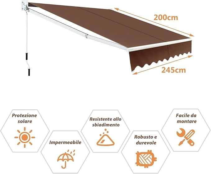 Tenda da Sole per Esterno Avvolgibile, Tenda da Sole a Bracci Estensibili con Telaio in Alluminio e Tettuccio Resistente al Sole e Impermeabile e Manovella (245 x 200 cm,Marrone)