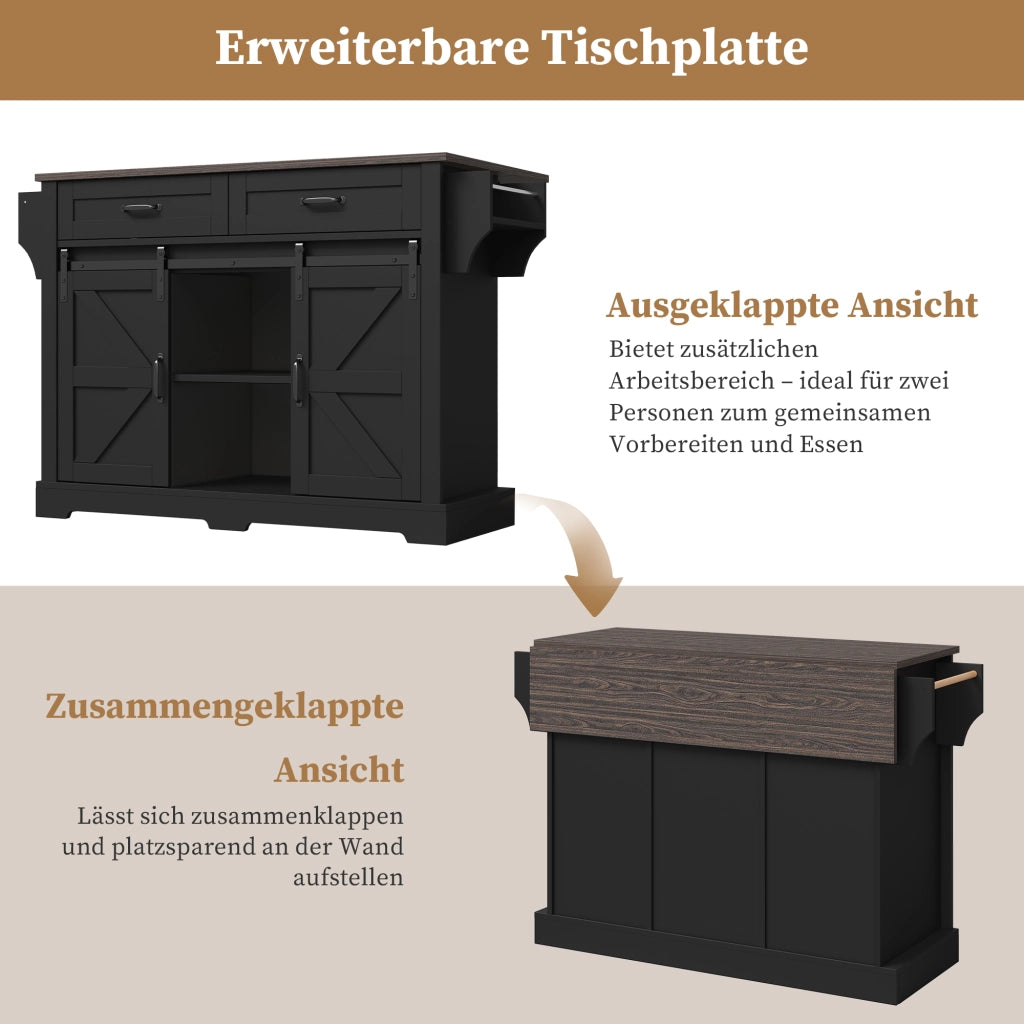 Carrello da cucina con piano ribaltabile, 2 ante scorrevoli e 2 cassetti, stile fienile, in MDF, nero, 120 × 45(70) × 91 cm