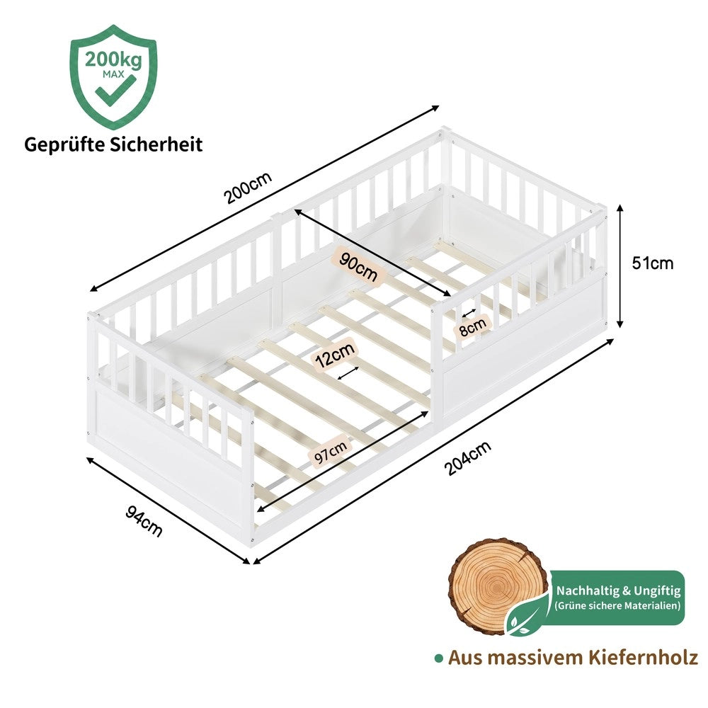 Letto Montessori per Bambini in Pino ¨C MINIMAL ¨C 90x200 Bianco, Rete a Doghe, Sponda
