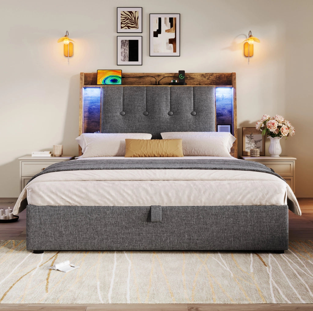 Letto imbottito 90x200 cm grigio con LED, USB-C e vano contenitore
