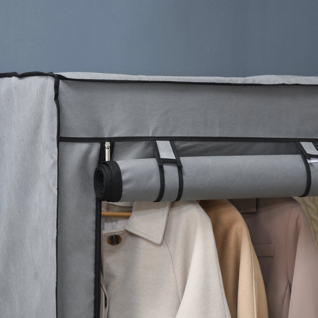 Armadio Guardaroba da Campeggio 118x49x170 cm 4 Ripiani Aperti e 2 Appendini in Tessuto non Tessuto Grigio