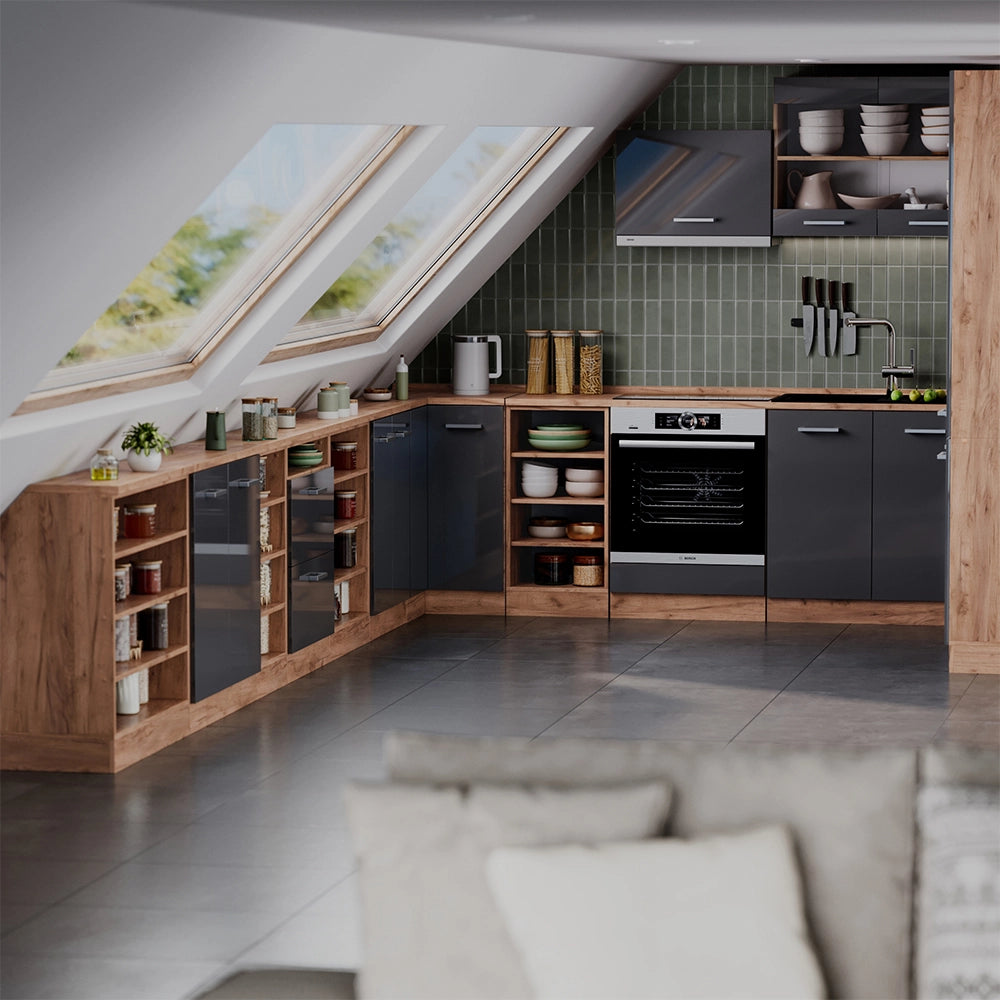 Mobile cucina sottotetto R-Line Antracite lucido/Rovere dorato 60 cm con 2 porte, carcassa 60 cm profondità Vicco